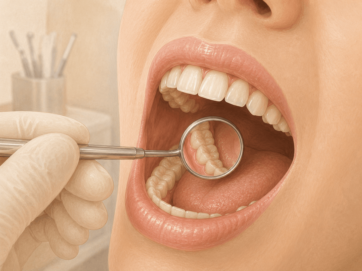 Editorial illustration of a dentist examining a patient's open mouth with a dental mirror during a recall checkup, calm clinical setting, warm muted tones