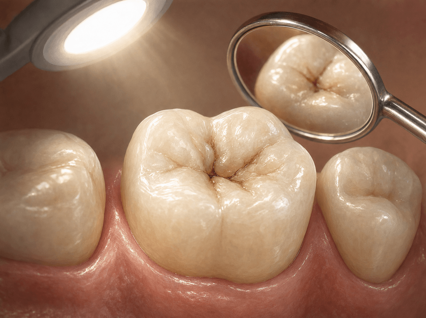 Editorial illustration of a single posterior molar isolated under a focused exam light with a dental mirror angled toward it (problem-focused limited oral evaluation), warm muted tones