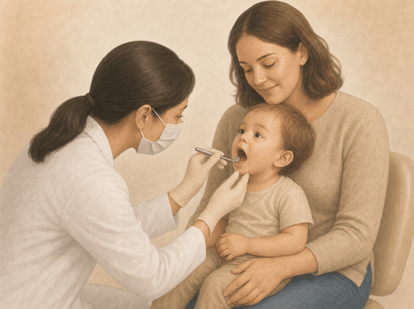 Editorial illustration of a dentist examining a toddler seated on a parent's lap in a knee-to-knee position while talking with the caregiver (oral evaluation with caregiver counseling), warm muted tones