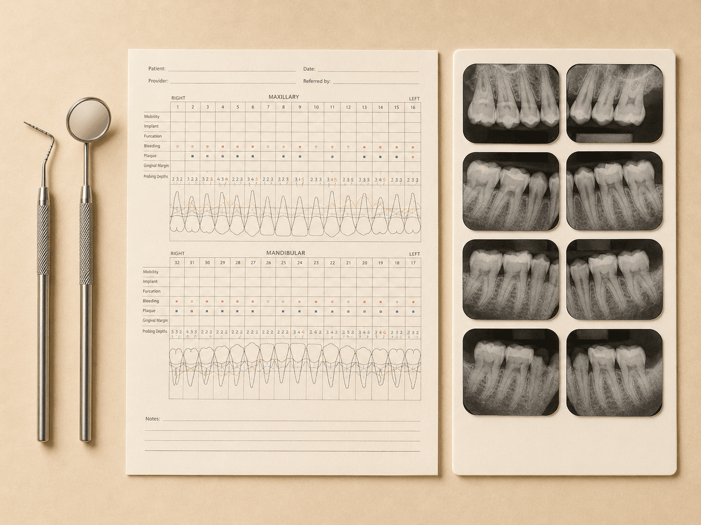 Editorial flat-lay of a periodontal probe, dental mirror, completed perio chart, and a set of intraoral radiographs laid out on a clinical workstation