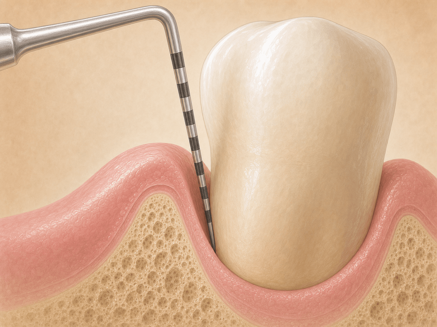 Editorial illustration of a periodontal probe measuring a pocket between tooth and gumline (six-point periodontal charting), warm muted tones
