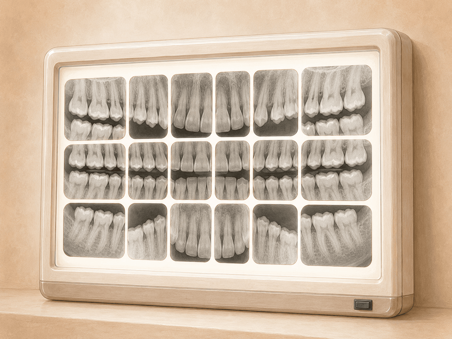 Editorial illustration of a full-mouth radiographic series of periapical and bitewing images arranged on a light board, soft warm tones