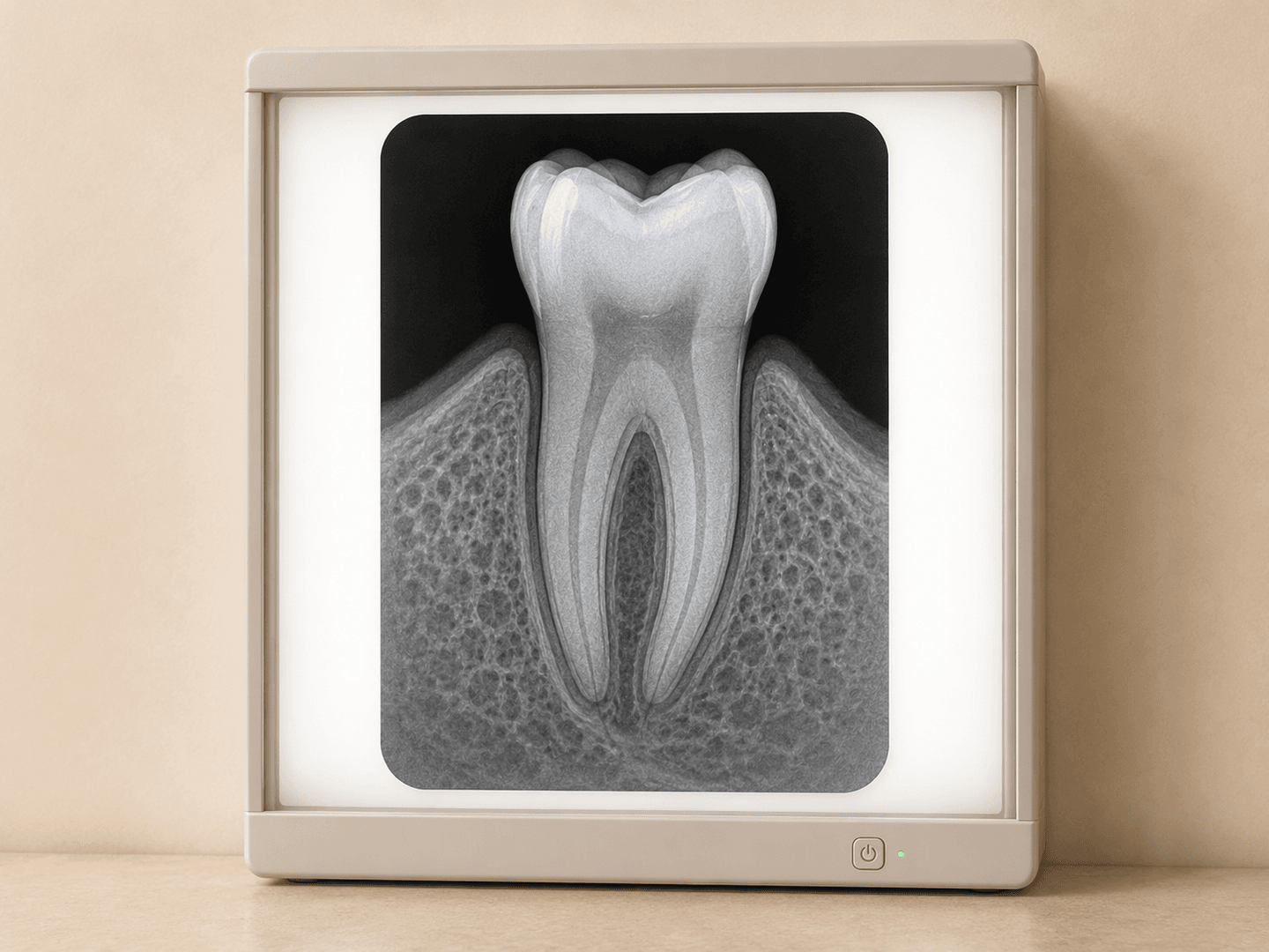 Editorial illustration of a single periapical radiograph displayed on a dental viewer, showing one tooth with its full root and surrounding bone