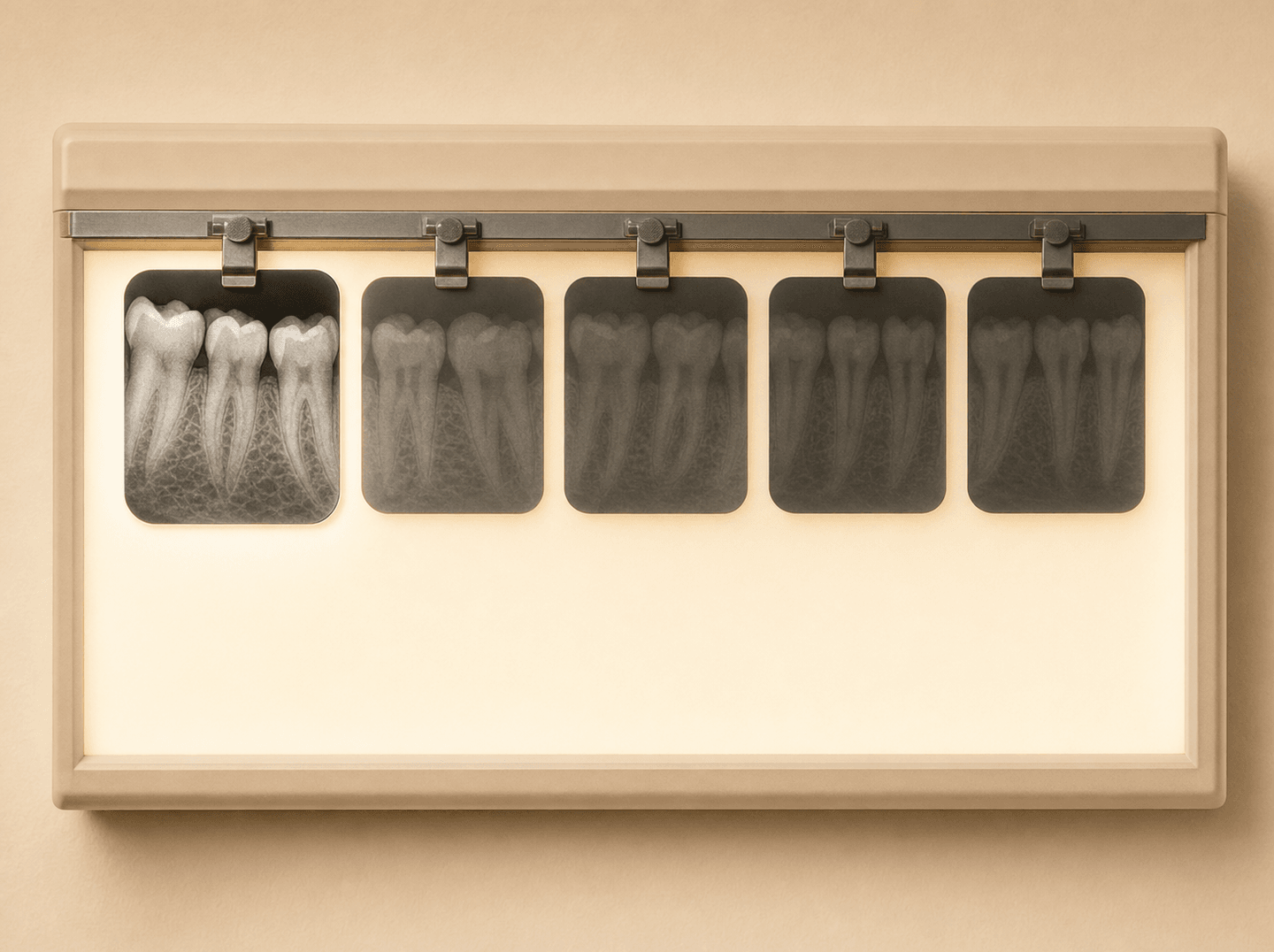 Editorial illustration of a row of small periapical radiographs (intraoral X-ray films) clipped to a viewer, the first film highlighted and the rest dimmed, warm muted tones