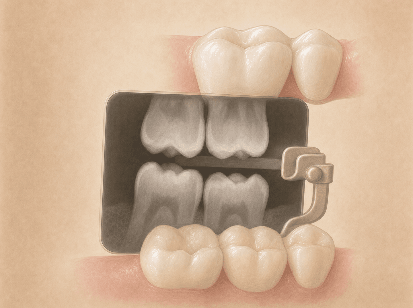 Editorial illustration of one X-ray film clipped between the back teeth capturing the contact points (single bitewing radiograph), warm muted tones