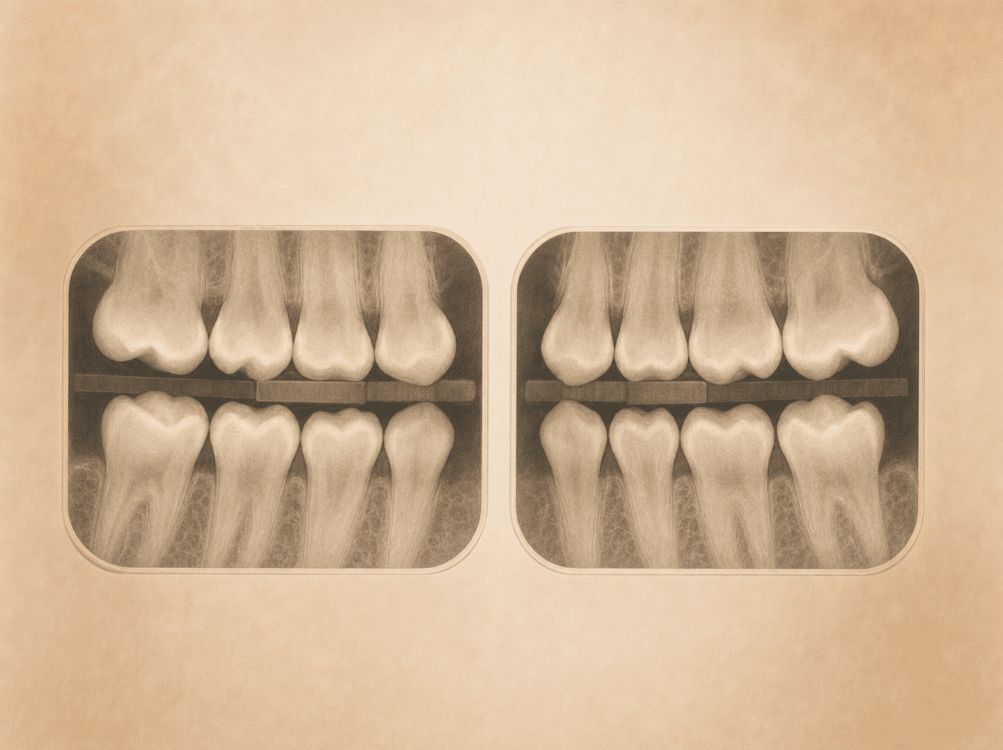 Editorial illustration of two X-ray films capturing the left and right back-tooth contact points (two bitewing radiographs), warm muted tones
