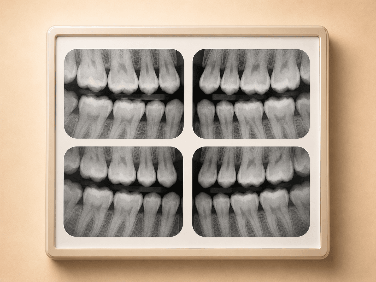 Editorial illustration of four bitewing radiographs arranged in a two-by-two mount showing upper and lower posterior teeth in occlusion