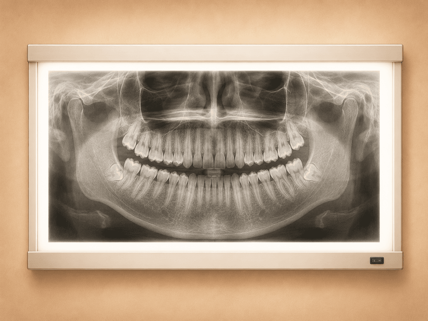 Editorial illustration of a panoramic dental radiograph showing both arches, condyles, and sinuses in a single image on a light box