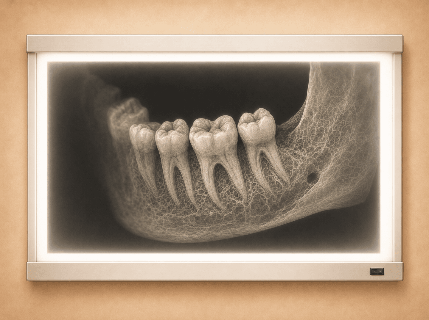 Editorial illustration of a backlit radiographic viewer displaying a 3D cone beam reconstruction of a single lower-jaw segment, a few molars and the surrounding bone in sharp focus with the rest of the arch faded out (limited field of view cone beam CT), warm muted tones