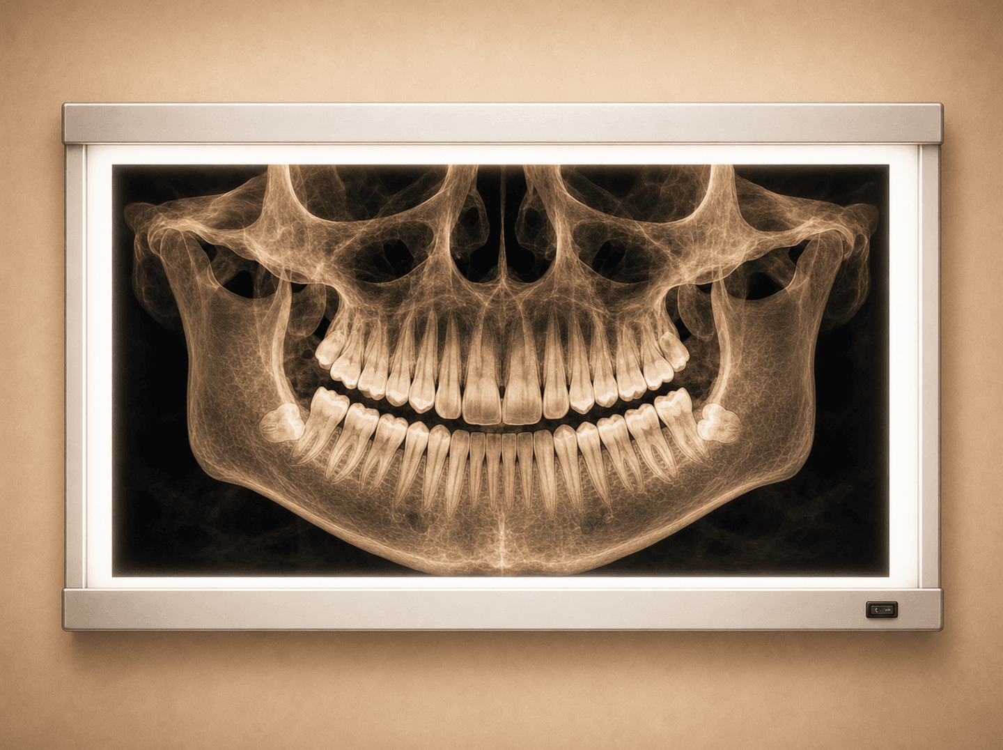 Editorial illustration of a backlit radiographic viewer displaying a 3D cone beam reconstruction of the full upper and lower jaws and teeth (cone beam CT of both arches), warm muted tones