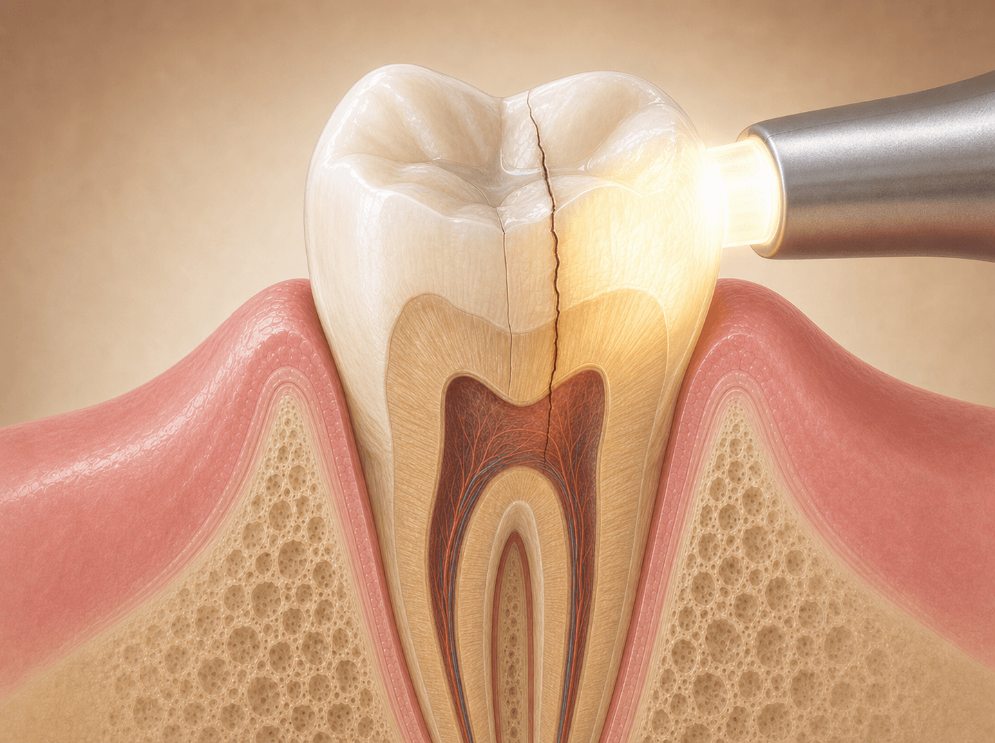 Editorial cross-section illustration of a posterior molar with a thin dark hairline crack running vertically through the enamel, a bright fiber-optic light (transillumination device) held against one side of the tooth, warm muted tones