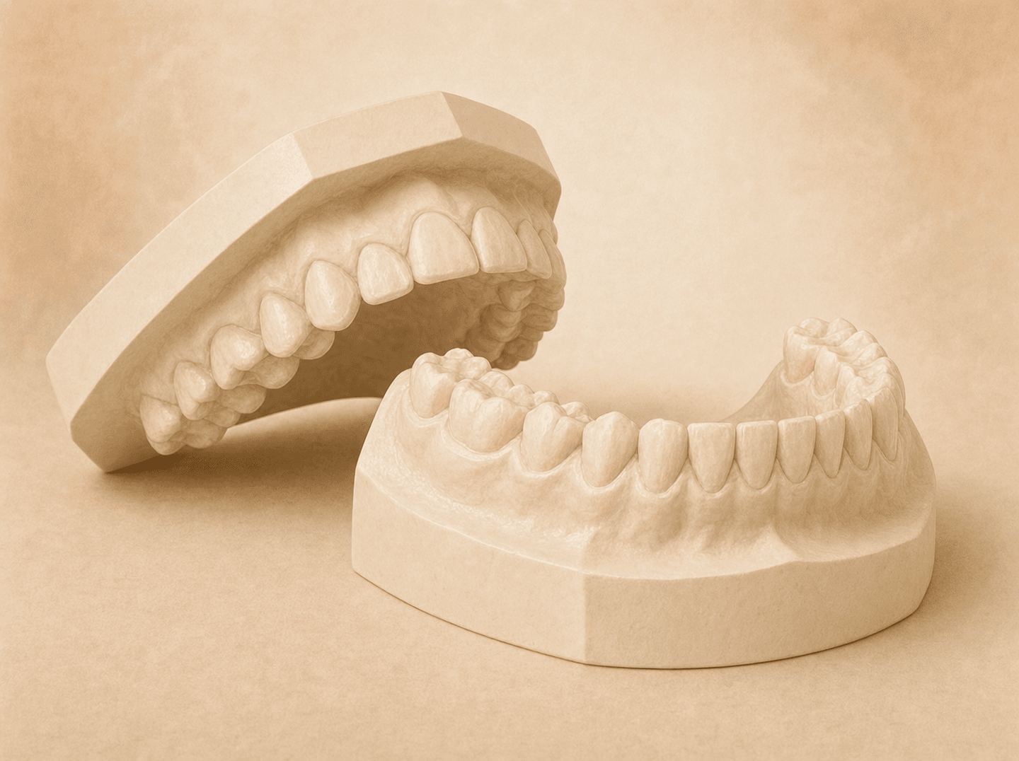Editorial illustration of a pair of stone upper and lower tooth models set on a bench (diagnostic casts of the dental arches), warm muted tones