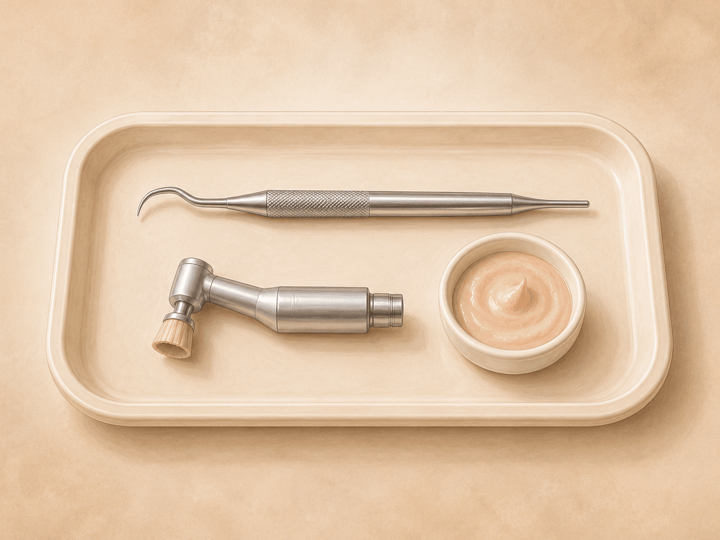 Editorial illustration of dental hygienist tools arranged on a tray: scaler, prophy cup, polishing paste, gauze, in warm muted tones