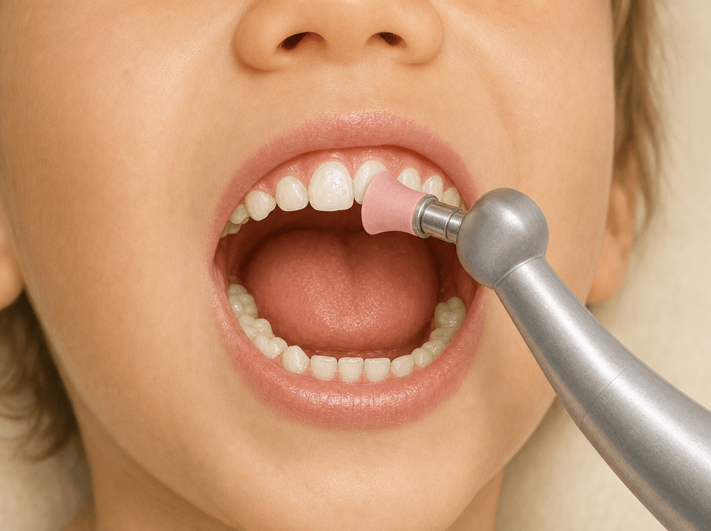 Editorial illustration of a child's mouth with small white primary and permanent teeth being cleaned by a pink rubber polishing cup on a dental handpiece, calm clinical view in warm muted tones