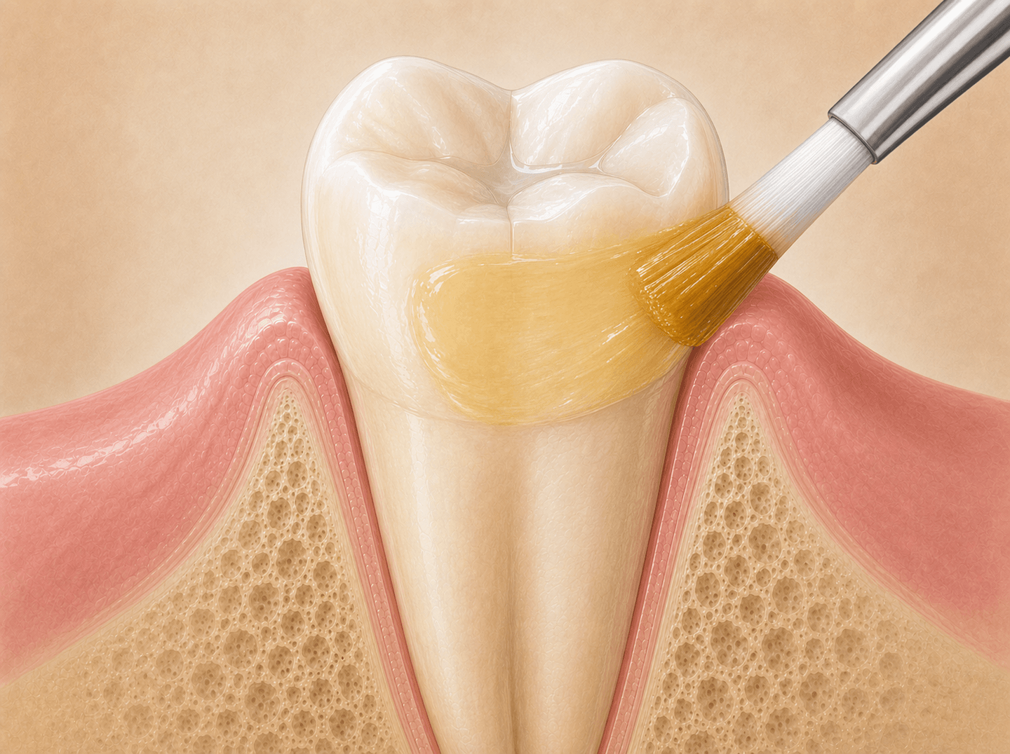 Editorial illustration of a small applicator brush painting a thin amber coating across the upper front teeth on a dental model (fluoride varnish application), warm muted tones