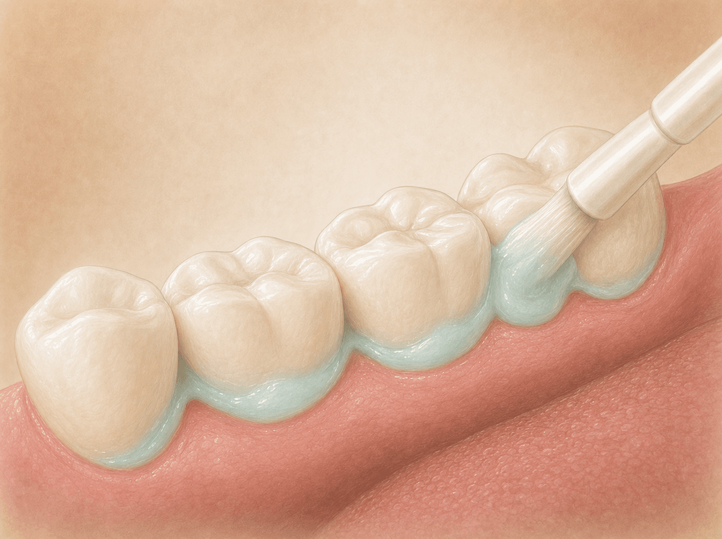 Editorial illustration of a small applicator brush spreading a pale blue-green fluoride gel across the chewing surfaces of a few lower back teeth at the gumline (non-varnish topical fluoride gel application), warm muted tones