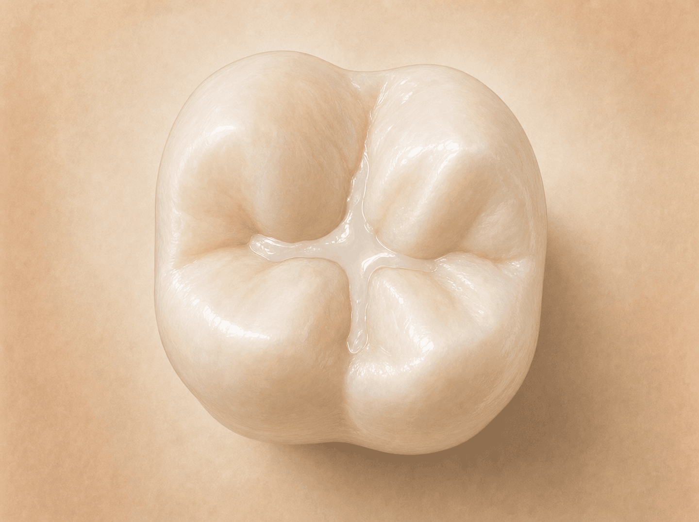 Editorial illustration of a single posterior tooth chewing surface with resin flowed into a shallow groove lesion, marked with a faded label to signal a retired code (preventive resin restoration), warm muted tones