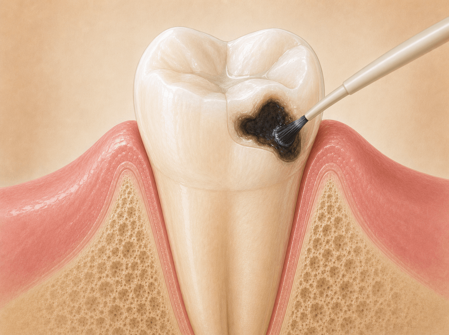 Editorial illustration of a small applicator brush placing a dark medicament onto an exposed carious lesion on a single molar (silver diamine fluoride application), warm muted tones