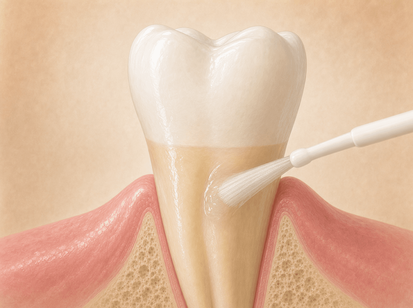 Editorial illustration of a small applicator brush coating the exposed root surface of a sound molar with a clear preventive medicament (caries-preventive medicament on an at-risk surface), warm muted tones