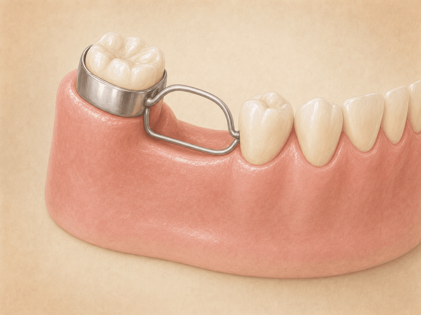 Editorial illustration of a cemented metal band on a lower back tooth with a wire loop arching across an empty gap to the next tooth on a child's dental model (fixed unilateral space maintainer), warm muted tones