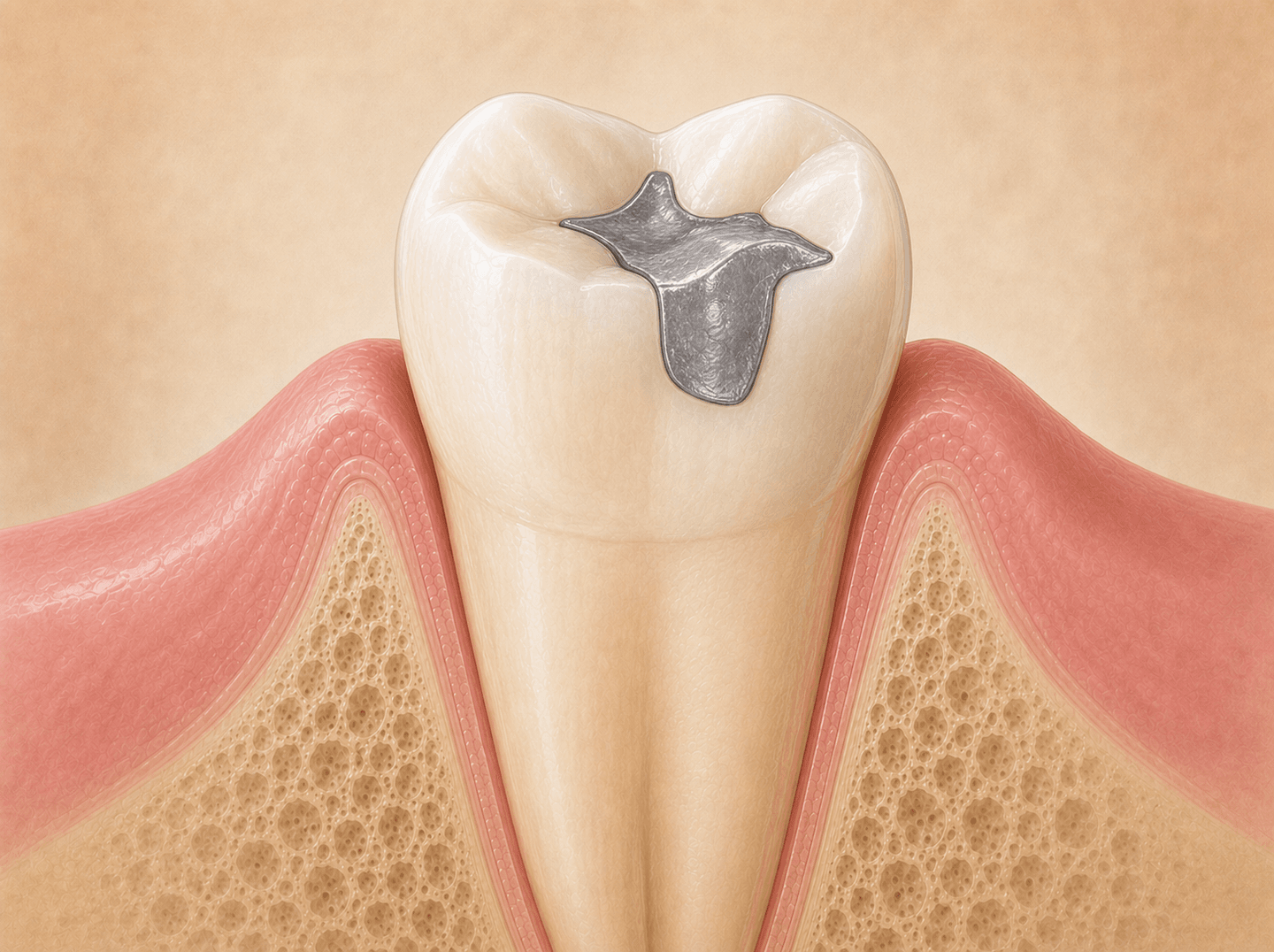 Editorial cross-section illustration of a posterior molar with a single silver-grey opaque metallic restoration (amalgam filling) on the occlusal surface, calm clinical view in warm muted tones