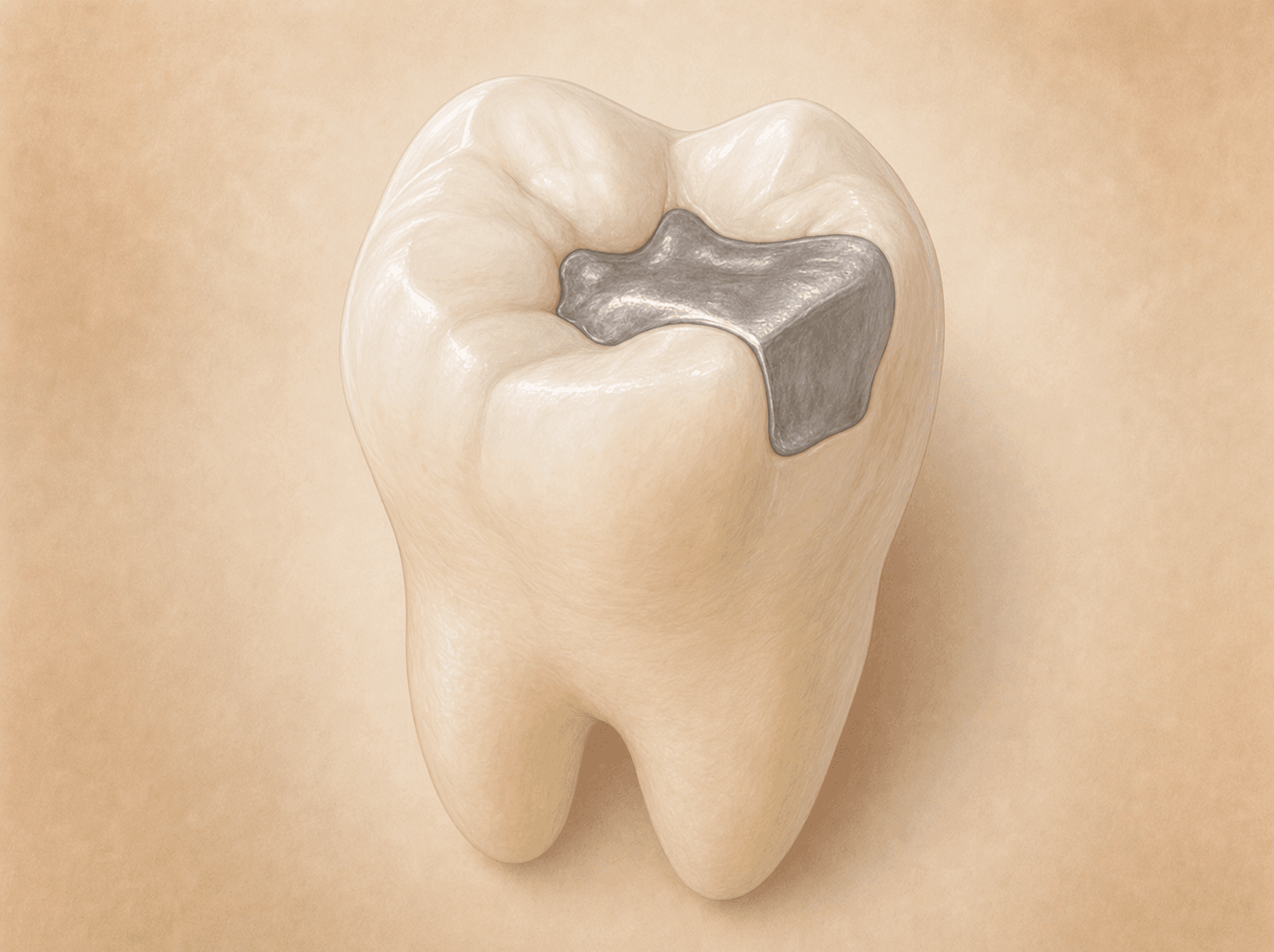 Editorial illustration of a molar with a silver filling spanning the occlusal surface and one connecting side wall (two-surface amalgam restoration), warm muted tones