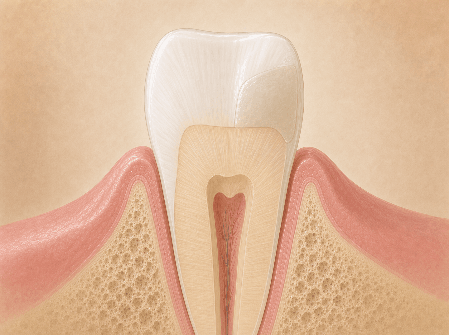 Editorial illustration of a front tooth cross-section showing a tooth-colored composite filling on a single surface (one-surface anterior resin composite), warm muted tones