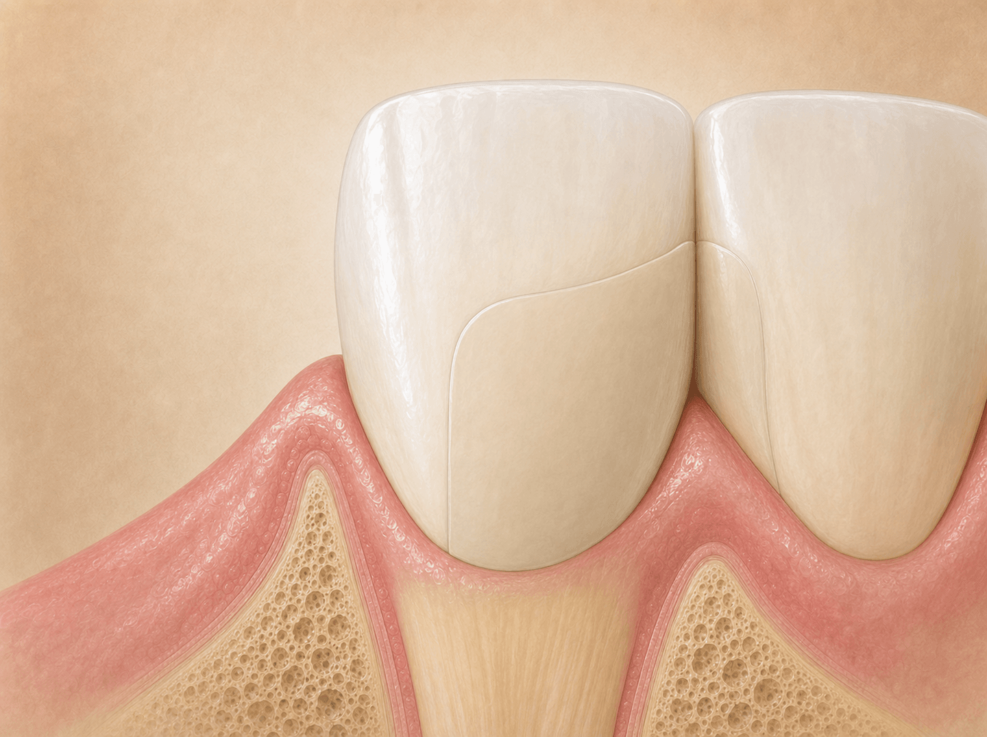 Editorial illustration of a front tooth cross-section showing a tooth-colored composite restoration across two adjoining surfaces (two-surface anterior resin composite), warm muted tones