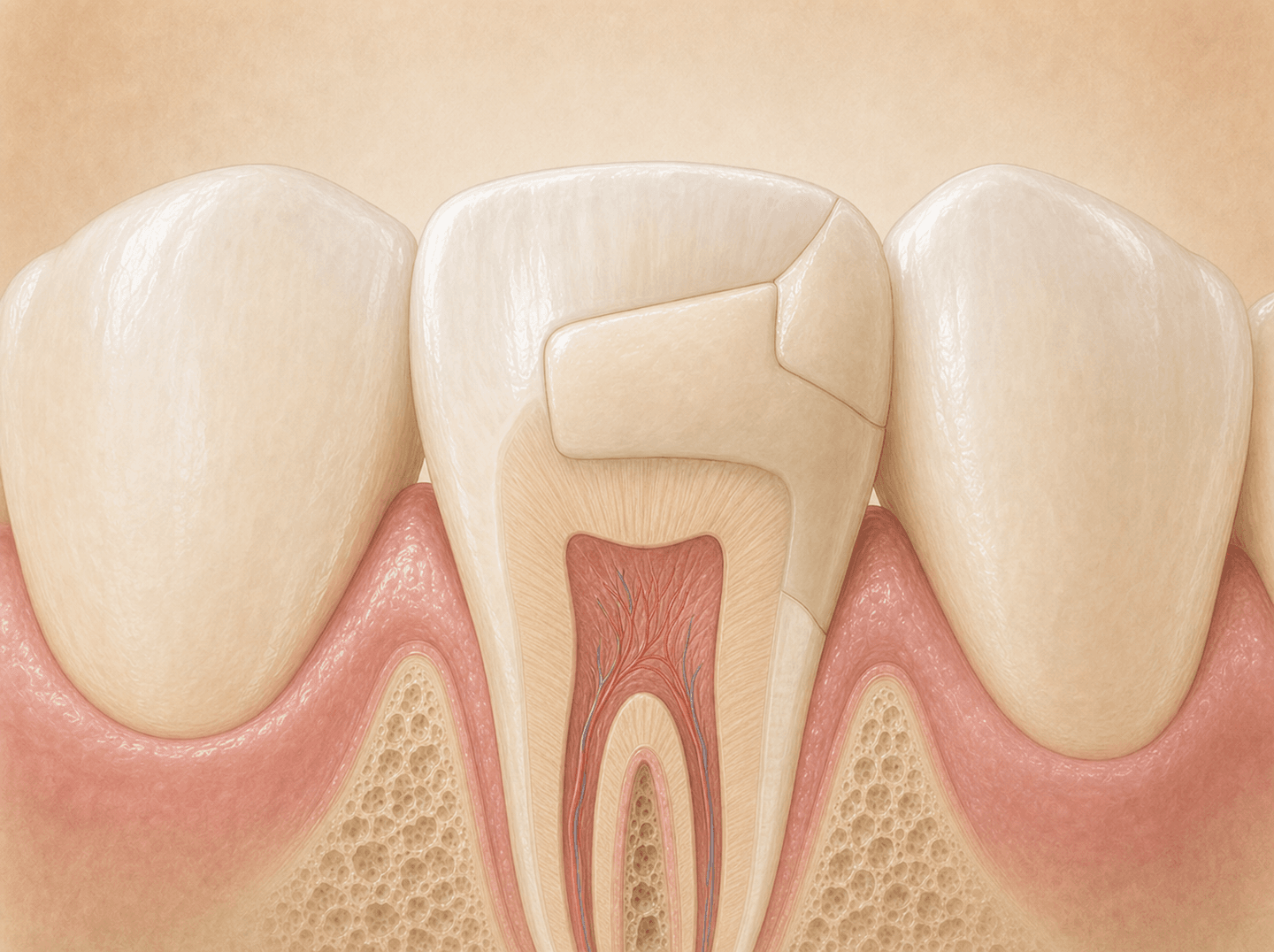 Editorial illustration of a front tooth cross-section showing a tooth-colored composite restoration spanning three surfaces (three-surface anterior resin composite), warm muted tones