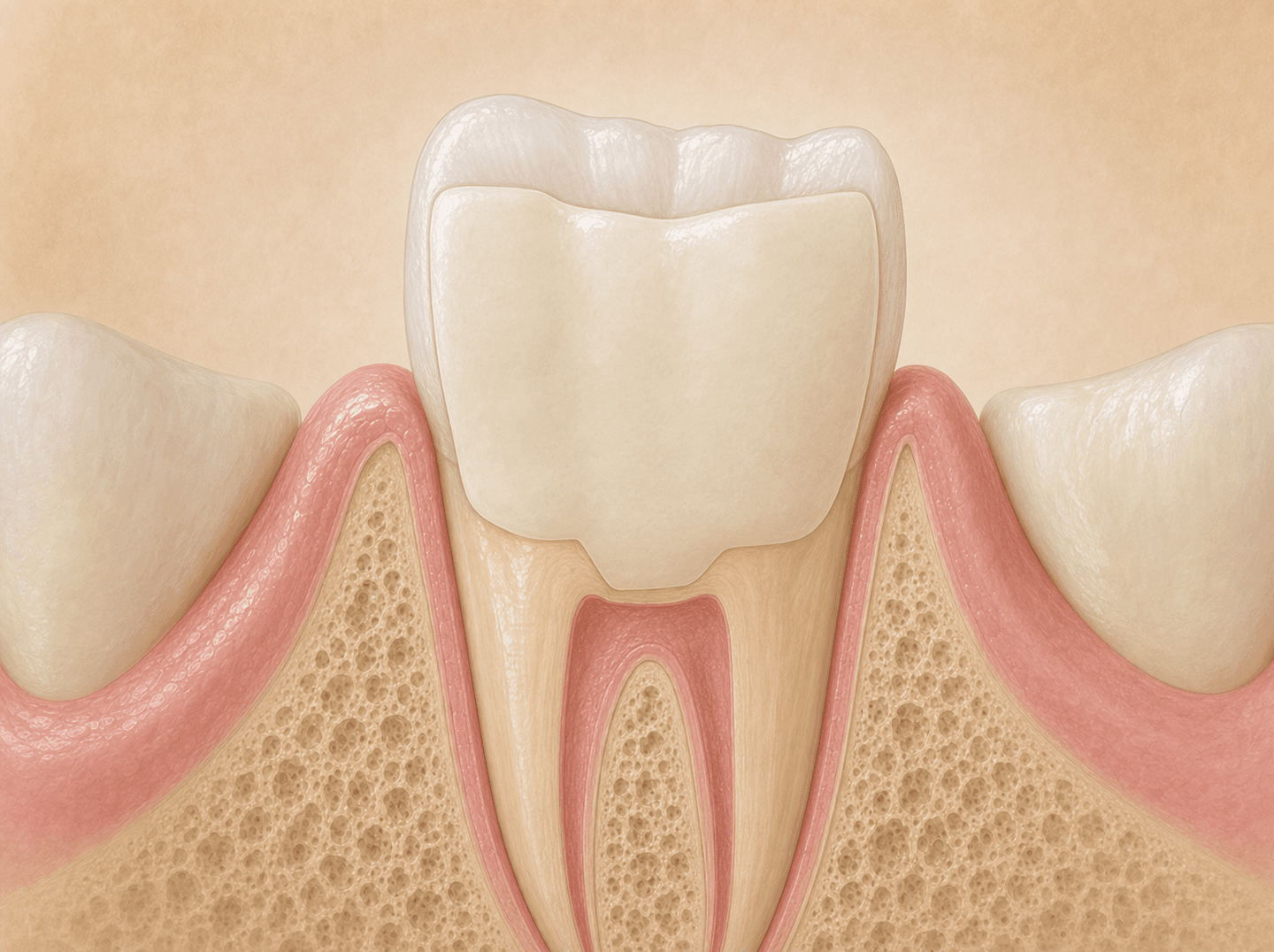 Editorial illustration of a front tooth cross-section showing a large tooth-colored composite restoration covering four or more surfaces (four-surface anterior resin composite), warm muted tones