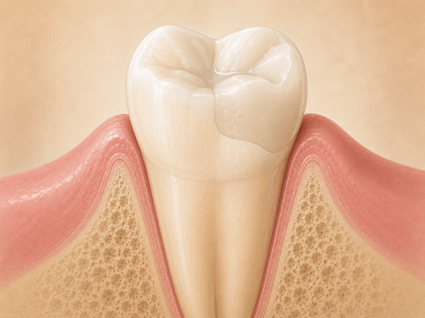 Editorial cross-section illustration of a posterior molar tooth showing a tooth-colored composite restoration filling the mesial and occlusal surfaces