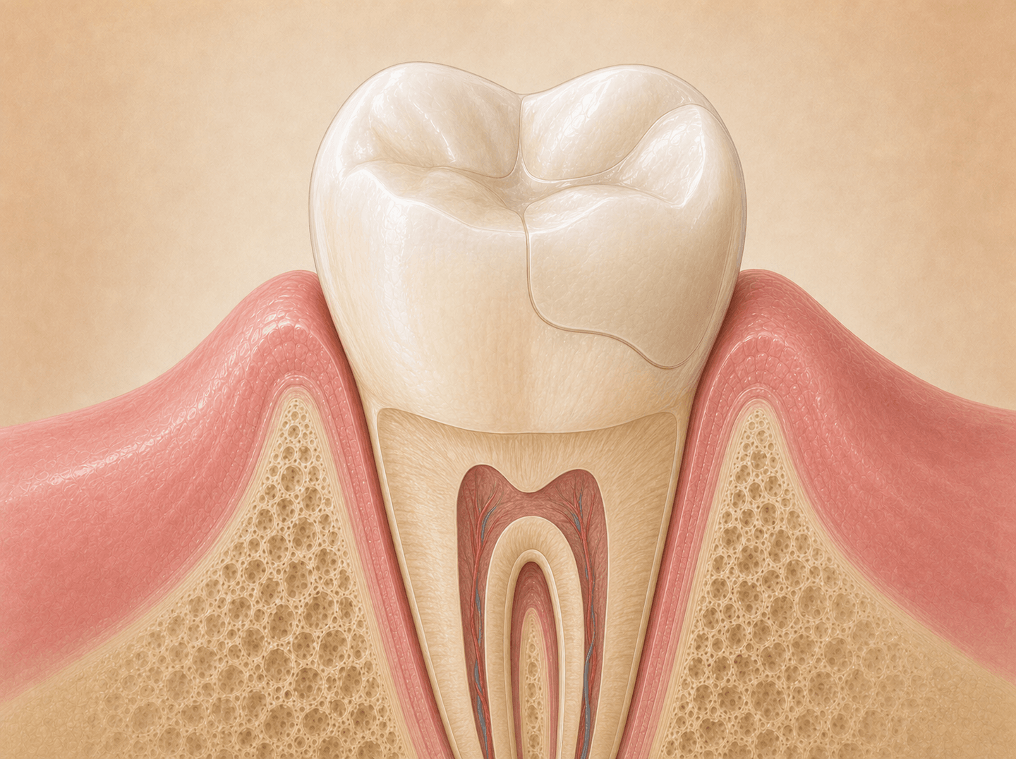 Editorial cross-section illustration of a posterior molar with a tooth-colored ivory restoration visibly outlined across the mesial, occlusal, and distal surfaces with subtle distinguishable margins (three-surface composite restoration), warm muted tones