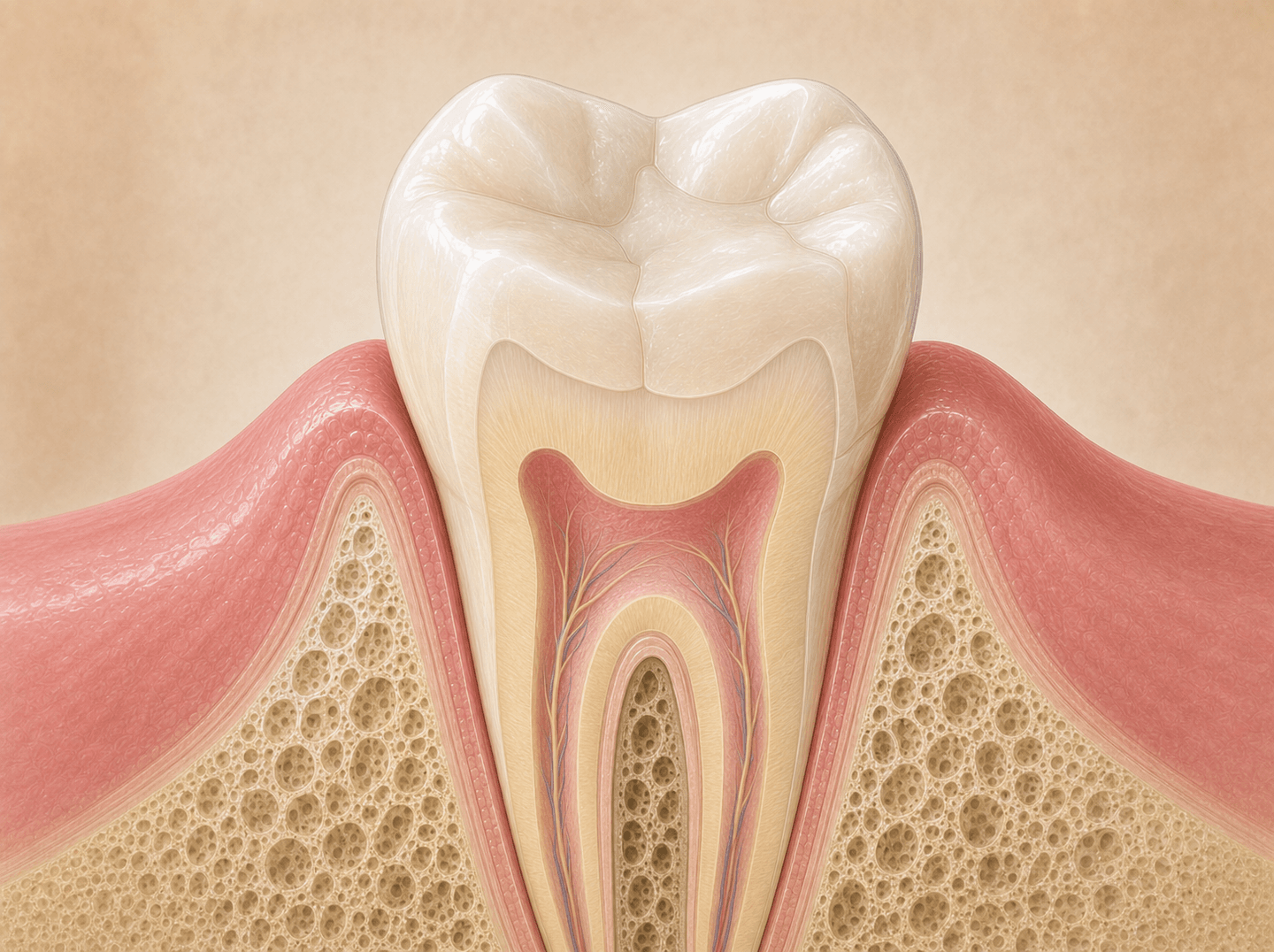 Editorial cross-section illustration of a posterior molar with tooth-colored ivory material (composite restoration) filling four visible surfaces including mesial, occlusal, distal, and lingual, blending with surrounding natural enamel