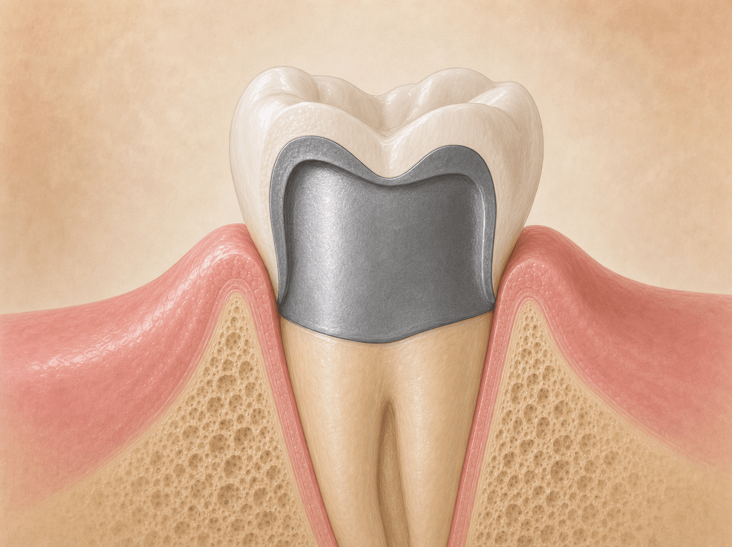 Editorial cross-section illustration of a porcelain-fused-to-metal crown with a silver-gray base-metal coping beneath the porcelain layer, seated on a posterior molar