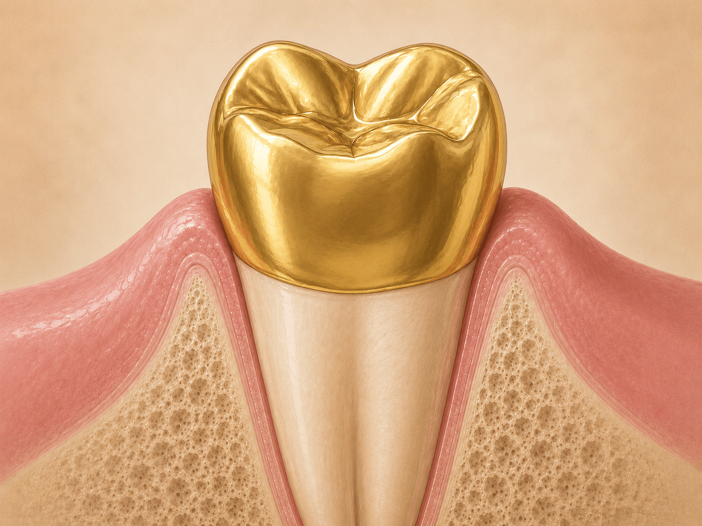 Editorial illustration of a full-cast gold crown seated on a posterior molar, with the warm yellow metal margins visible at the gingival line