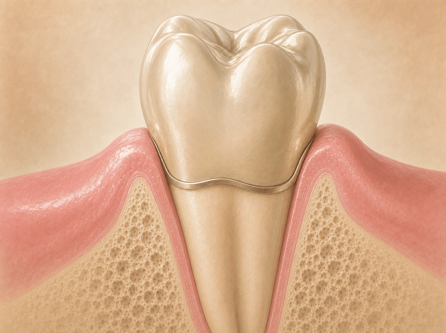 Editorial illustration of a pale yellow full-cast metal crown seated on a posterior molar with the metal margins visible at the gumline (full cast noble metal crown), warm muted tones