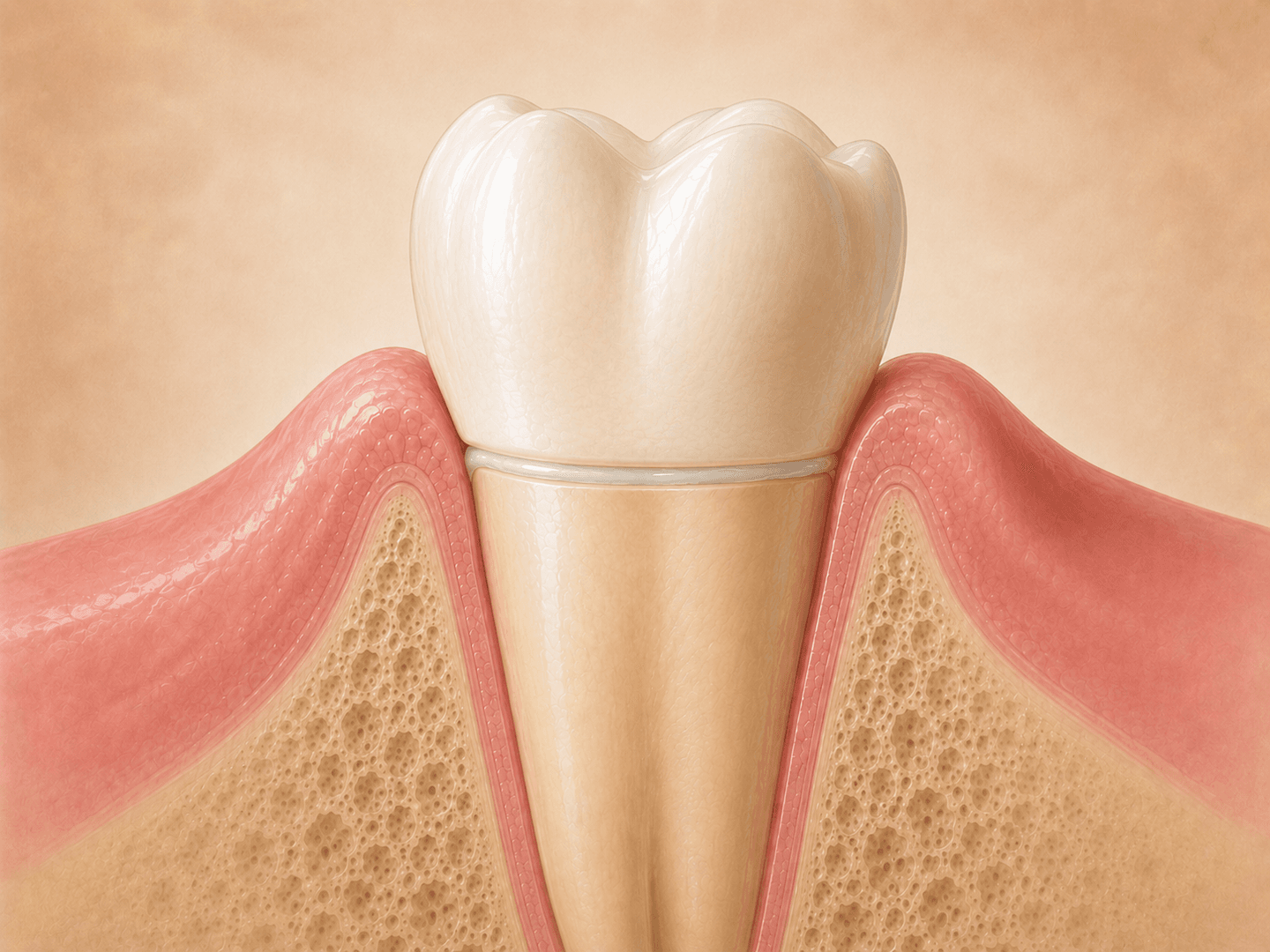 Editorial cross-section illustration of a dental crown being seated back onto a prepared natural tooth with a thin cement layer at the margin