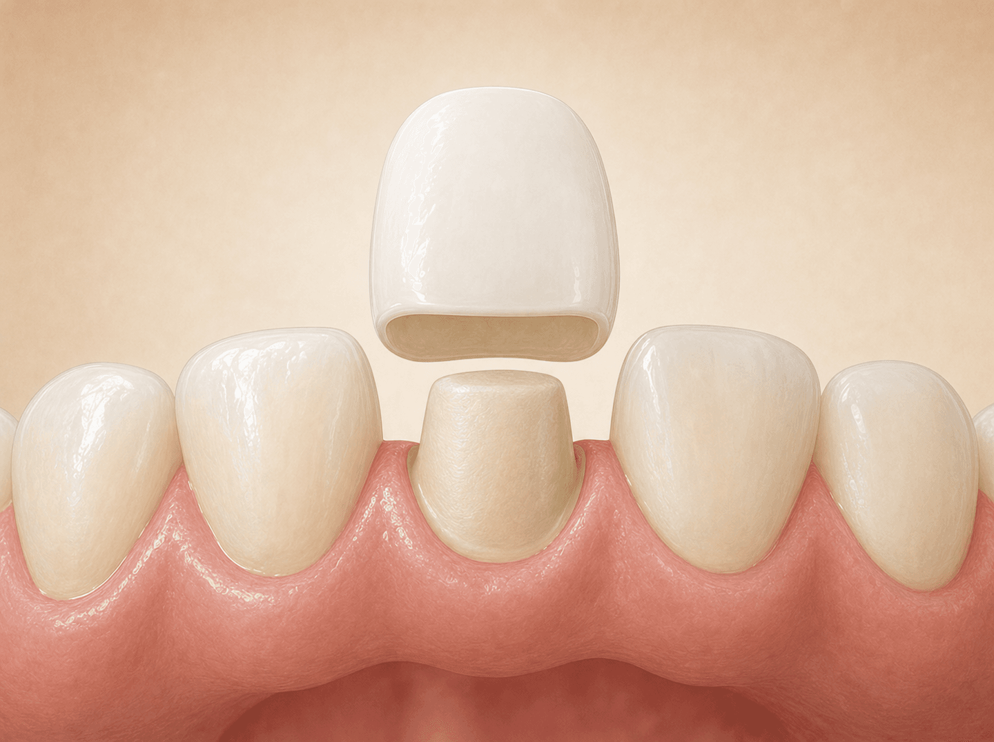 Editorial illustration of a smooth white opaque cap (prefabricated porcelain crown) being seated onto a small prepared child-sized tooth (primary tooth), with surrounding pink gum tissue and adjacent baby teeth visible