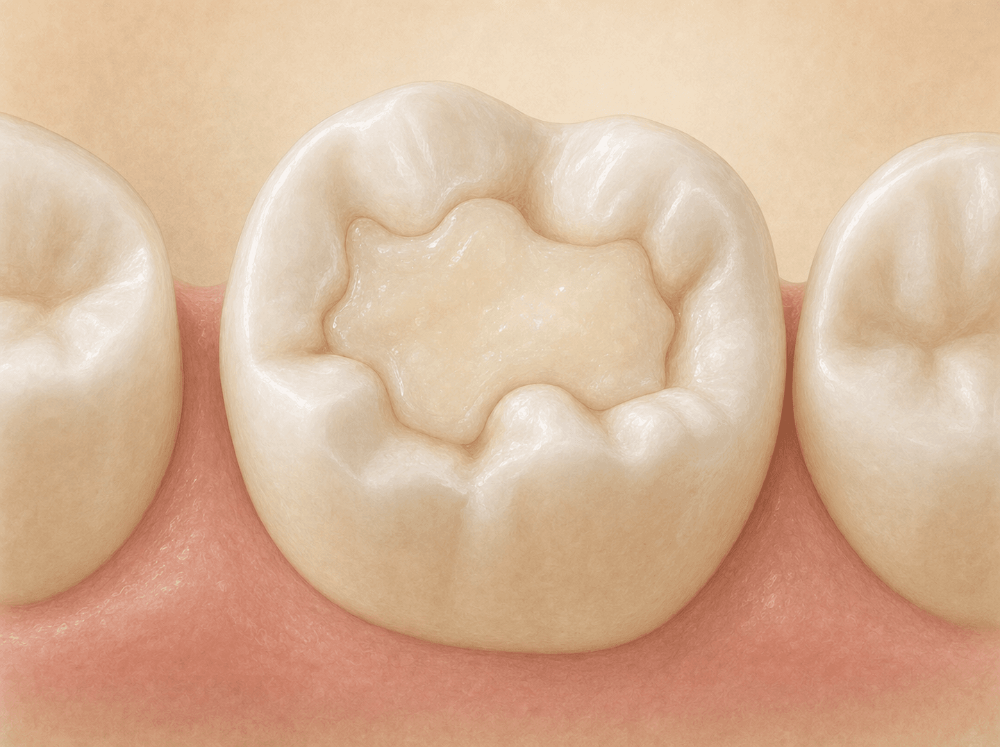 Editorial illustration of a posterior molar with a temporary tooth-colored filling packed into a deep cavity preparation (interim direct restoration), warm muted tones