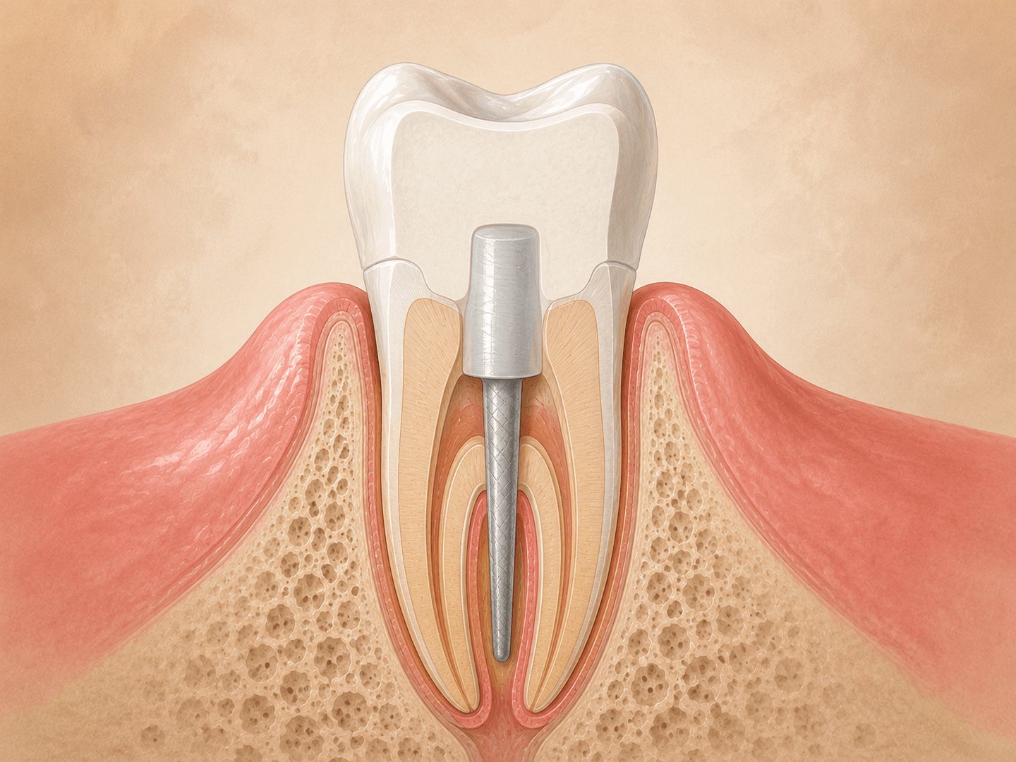 Editorial illustration of a tooth cross-section showing a core buildup material packed into a prepared tooth, ready for crown placement, in warm muted tones