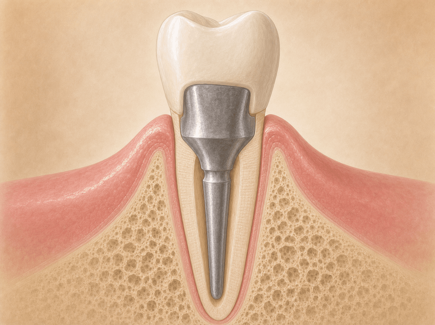 Editorial cross-section illustration of a custom-cast metal post seated in a tooth root canal with the core built up above it (indirectly fabricated cast post and core), warm muted tones