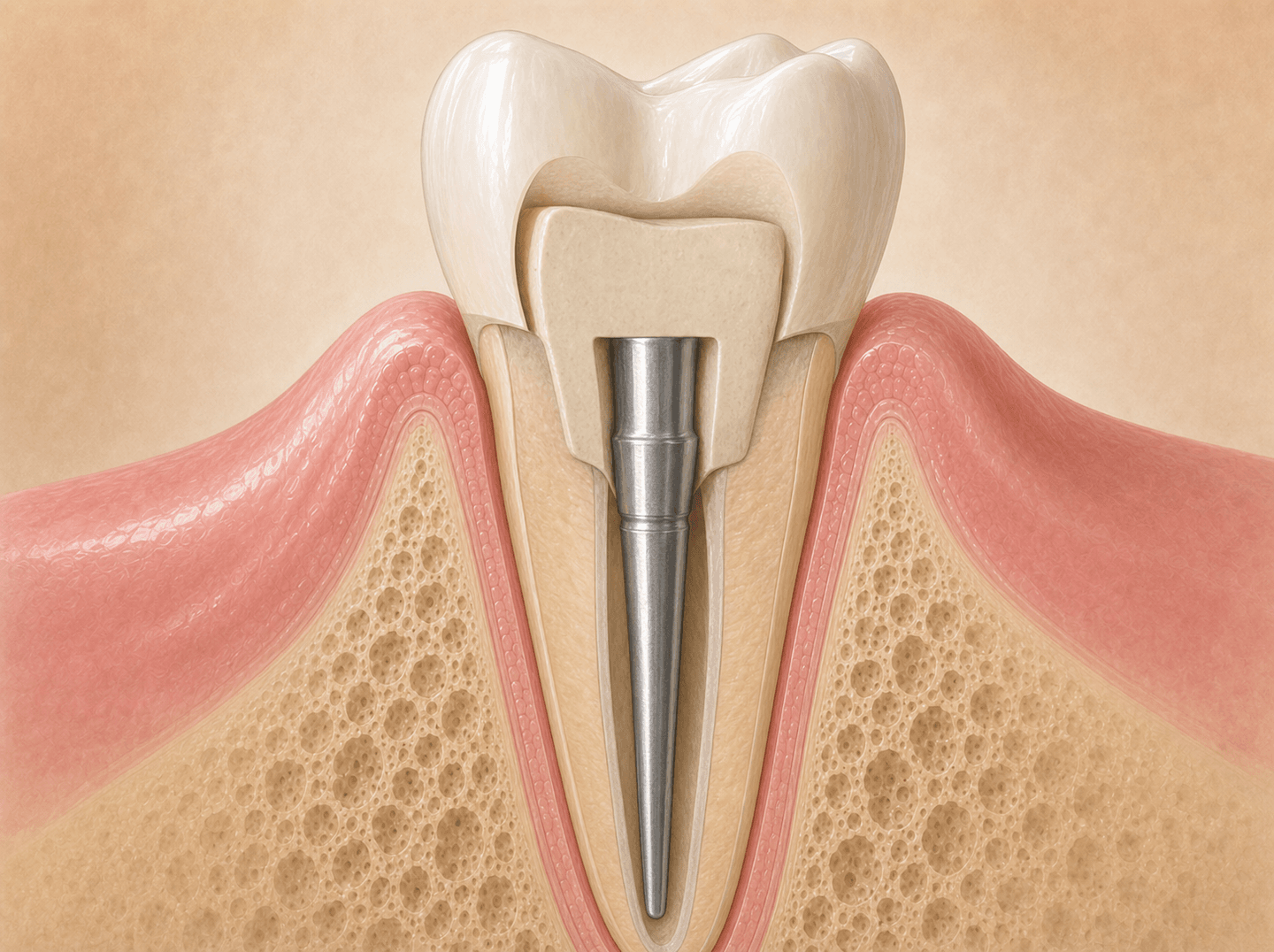Editorial cross-section illustration of a root-canal-treated molar with a metal post seated in the canal and core material built up around it (prefabricated post and core), warm muted tones