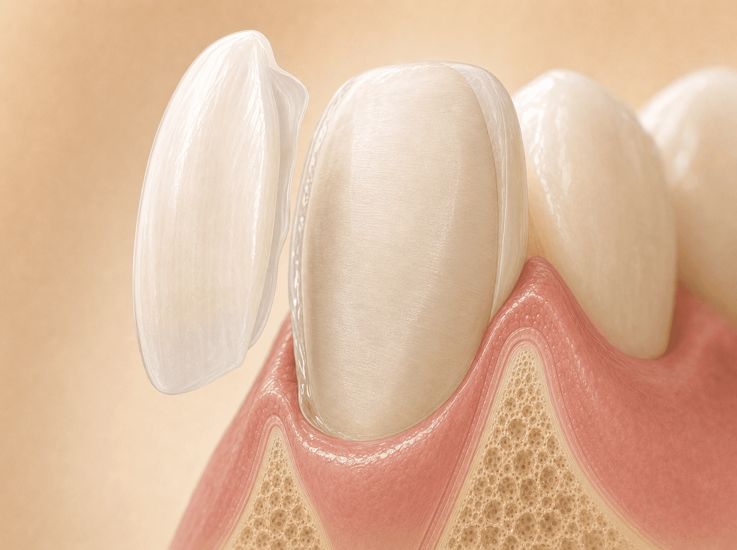 Editorial illustration of a thin translucent white shell (porcelain veneer) being bonded to the front-facing surface of an upper front tooth, showing the slightly reduced prepared tooth underneath, warm muted tones