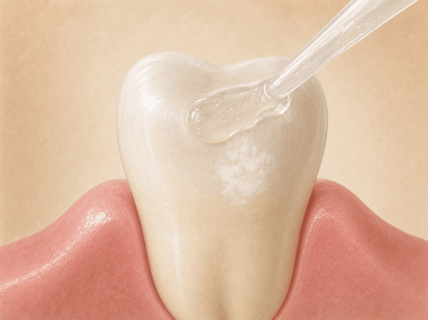 Editorial illustration of a clear gel applied to a single tooth with an early white-spot lesion, scaffold rebuilding enamel (hydroxyapatite regeneration medicament), warm muted tones