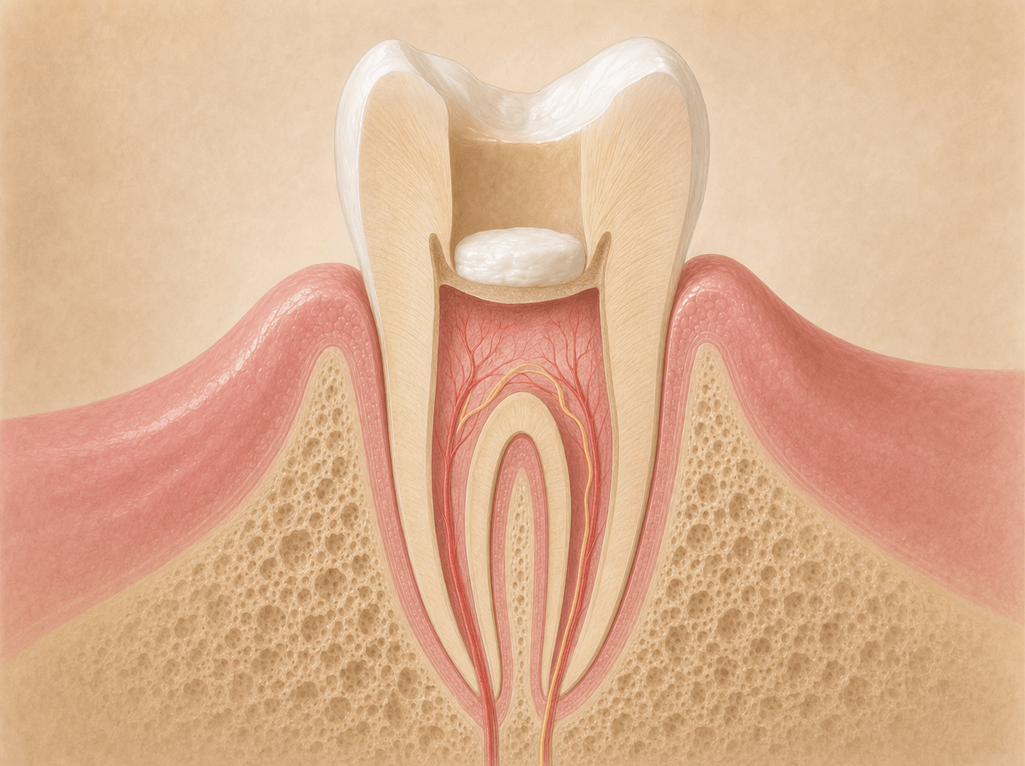 Editorial illustration of a tooth cross-section with a medicated dressing placed directly on an exposed pulp chamber (direct pulp cap), warm muted tones