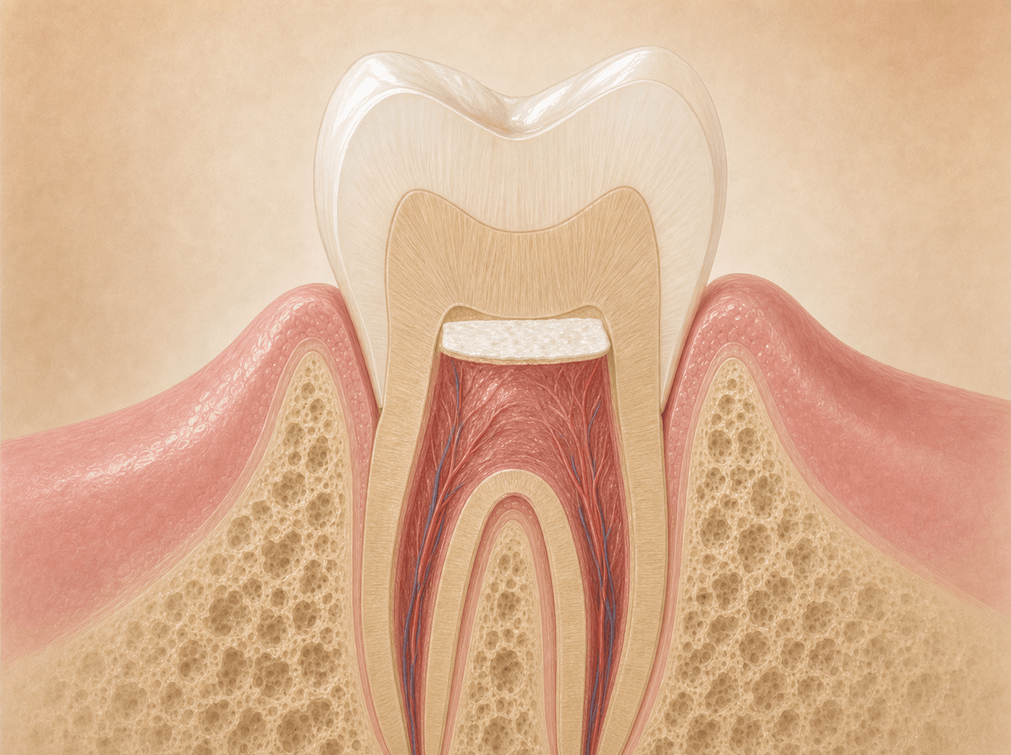 Editorial illustration of a tooth cross-section with a protective dressing over a thin dentin layer covering a near-exposed pulp (indirect pulp cap), warm muted tones