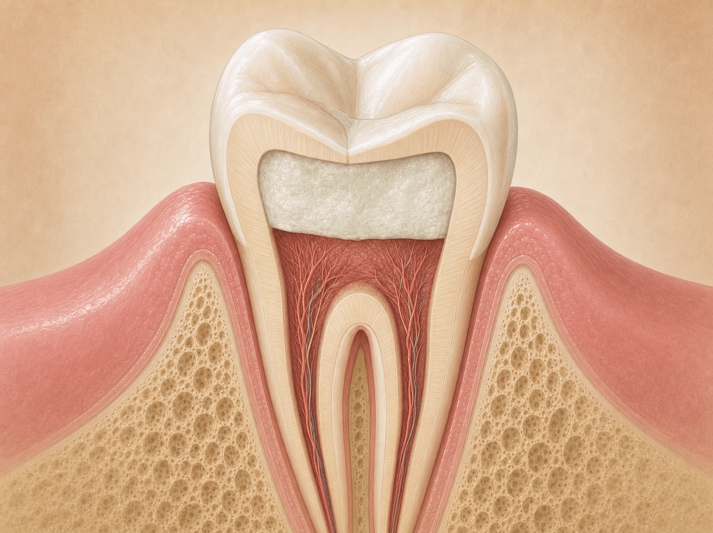 Editorial cross-section illustration of a primary molar with the upper coronal pulp chamber filled with a pale medicated material and the radicular pulp preserved beneath (therapeutic pulpotomy), warm muted tones