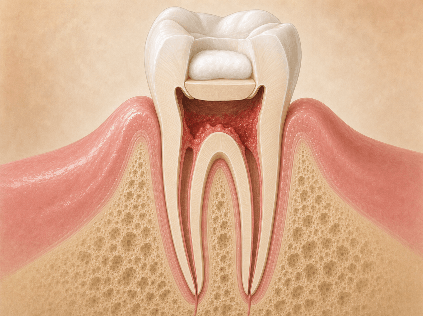 Editorial cross-section illustration of a tooth with the pulp chamber opened and inflamed coronal pulp removed for emergency pain relief, a cotton pellet and temporary seal in the access opening, the root canals left untreated