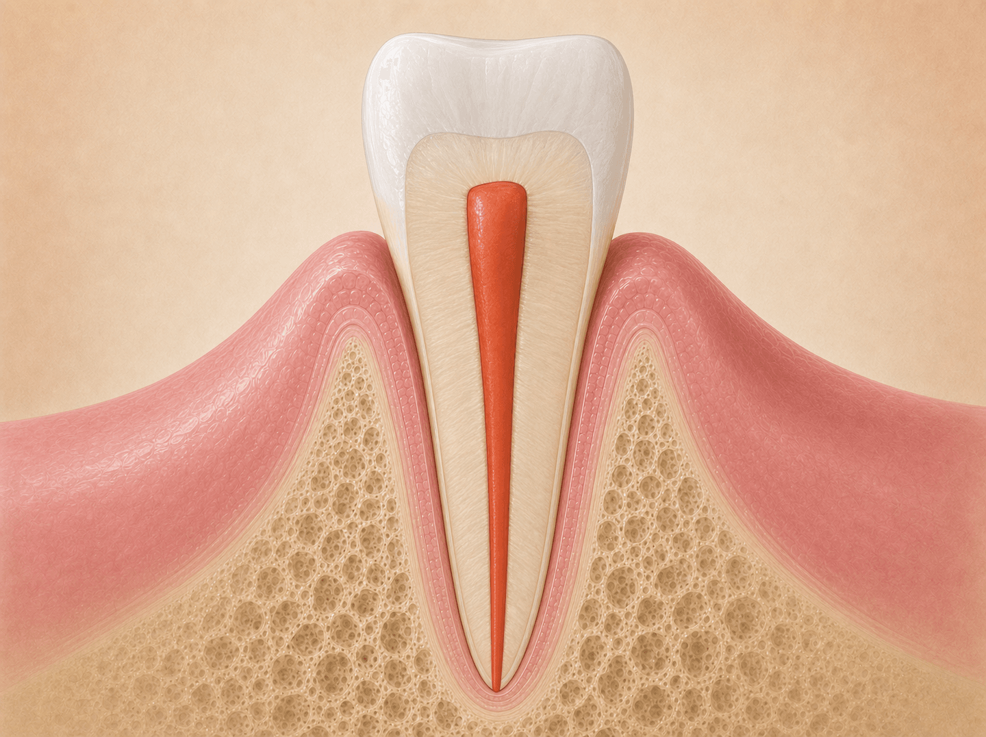 Editorial cross-section illustration of an anterior tooth seated in pink gum tissue with bone beneath, the root canal filled top to bottom with a solid opaque orange-red obturation material (gutta percha) that runs in a clean vertical line from the crown down to the root tip