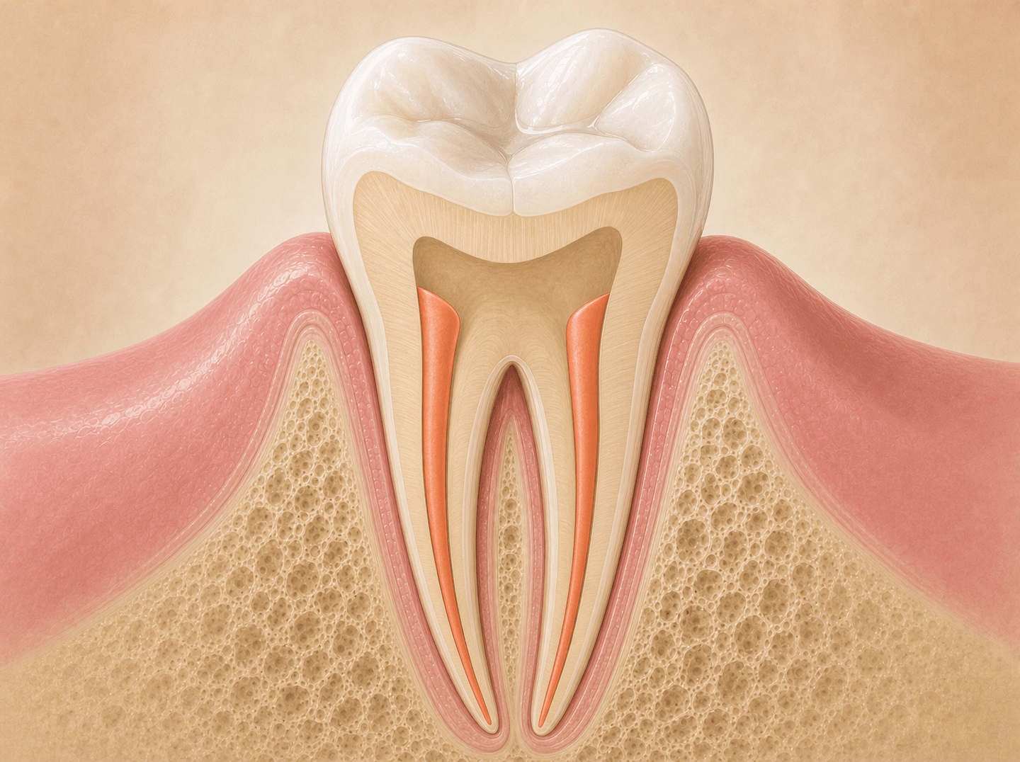 Editorial cross-section illustration of a two-rooted premolar tooth seated in bone, both root canals filled top to bottom with solid opaque orange-red obturation material (gutta percha), surrounding tan bone and thin pink soft tissue layer